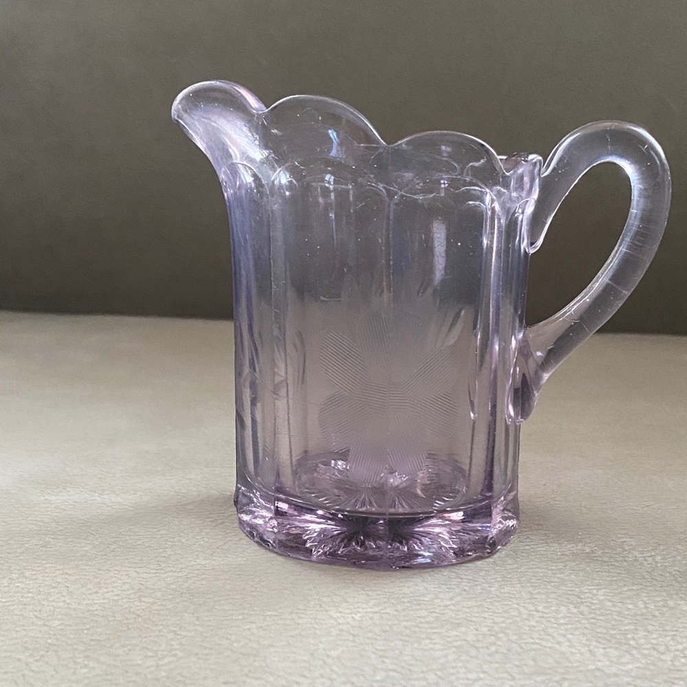 Vintage Light Purple Glass Creamer with Etched Flowers and Leaves. Approx 4”H